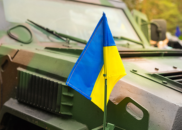 Military armored vehicle with the flag of Ukraine.