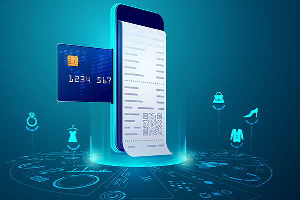 concept of online shopping or e-commerce, graphic of mobile phone with credit card and payment bill