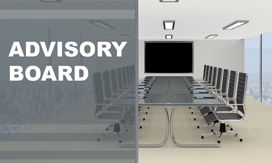 Image of 3D illustration of ADVISORY BOARD title on a glass compartment.