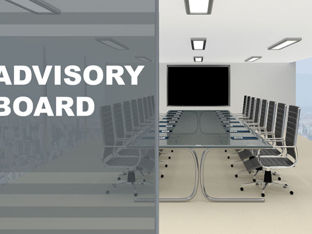 Image of 3D illustration of ADVISORY BOARD title on a glass compartment.