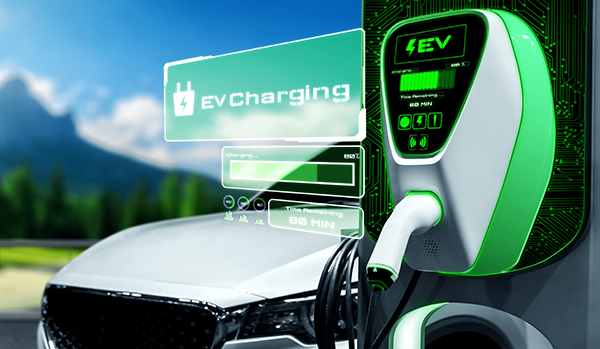 Image of EV charging station for electric car in concept of alternative green energy produced from sustainable resources to supply to charger station in order to reduce CO2 emission.