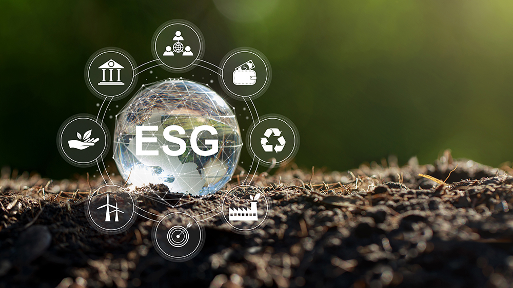 Image of ESG concept of environmental, social, and governance. crystal globe with an ESG icon around it.