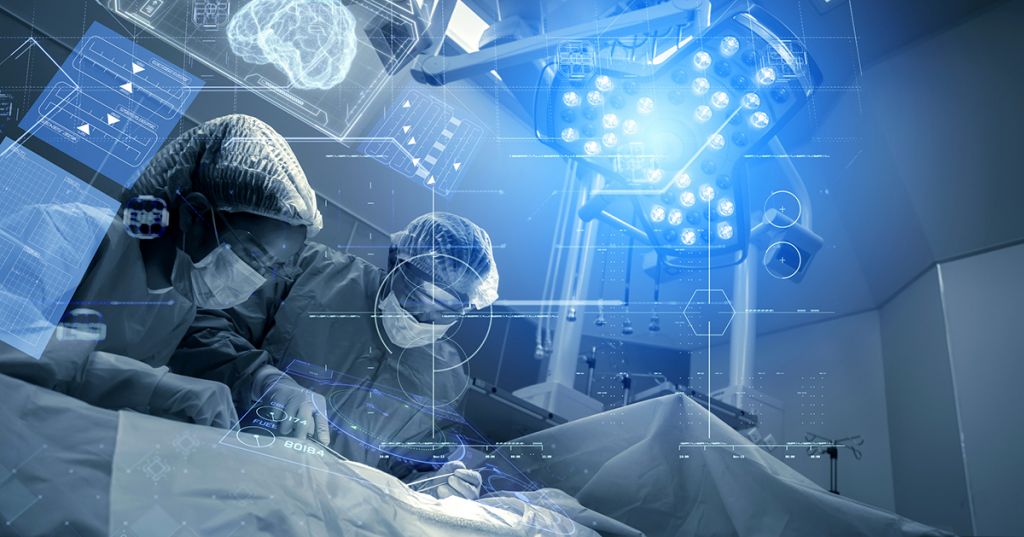 Image of operating room Doctor or Surgeon anatomy on Advanced robotic surgery machine futuristic virtual interface, robotic surgery.