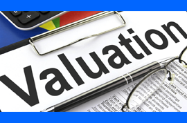 Graphic image of the word "Valuation" on a clipboard with pen and glasses.