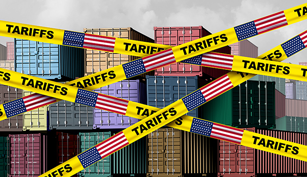 Image of storge containers with overlaying "tariffs" tape.