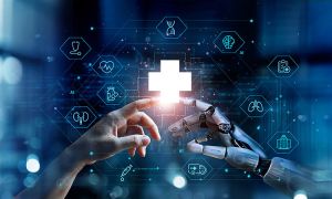 Light AI image of human hand touching AI hand with medical cross symbol in between both.