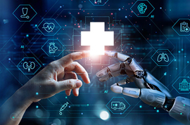 Light AI image of human hand touching AI hand with medical cross symbol in between both.
