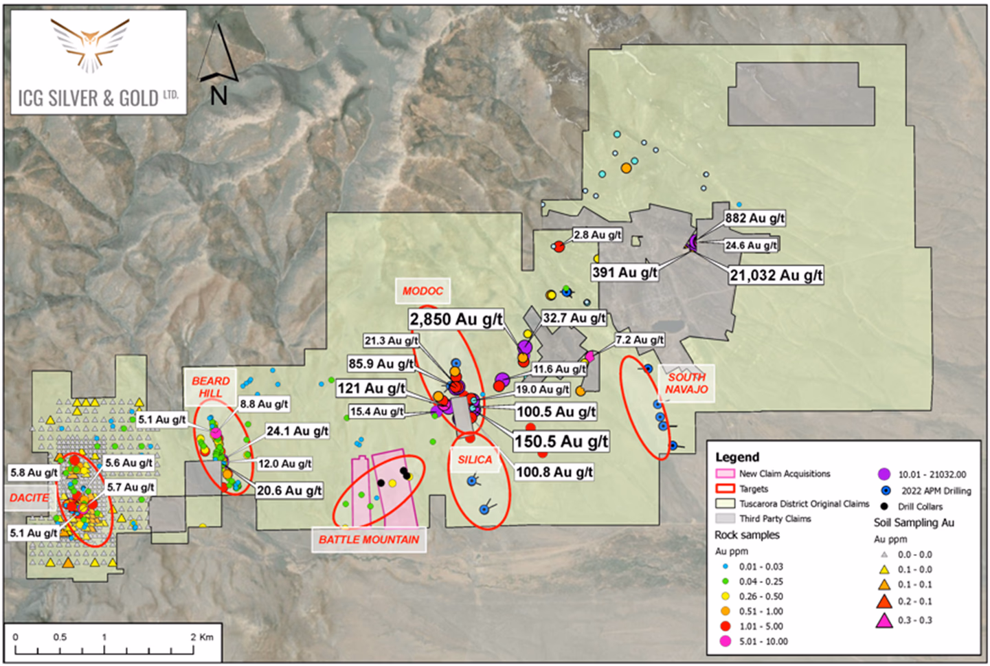Geologic exploration map showing mineral claims and Au assay values (Au g/t) with zones like MODOC, BEARD HILL, BATTLE MOUNTAIN, SILICA, and SOUTH NAVAJO; legend and sampling points visible.