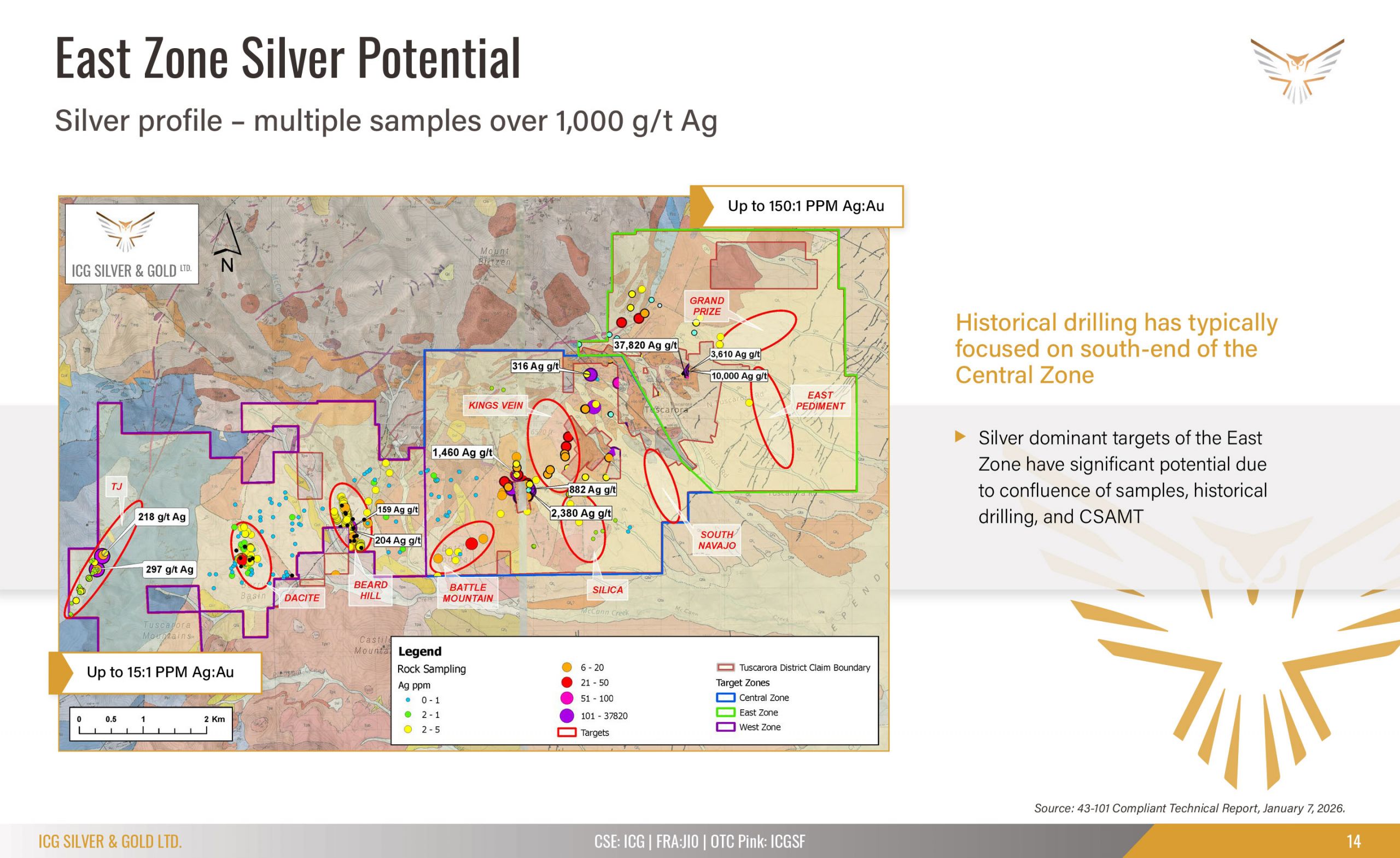 Slide titled 'East Zone Silver Potential' featuring a detailed mineral map of the East Zone with color-coded zones, target areas, and a legend; includes company logo and north arrow.